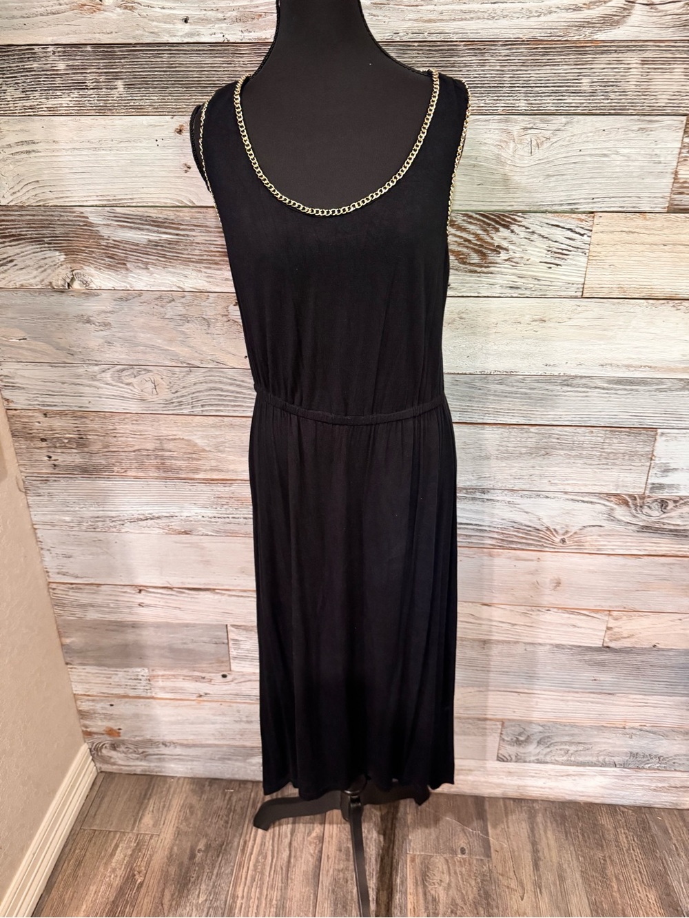 Just Love Black Midi Dress with Gold Chain Trim